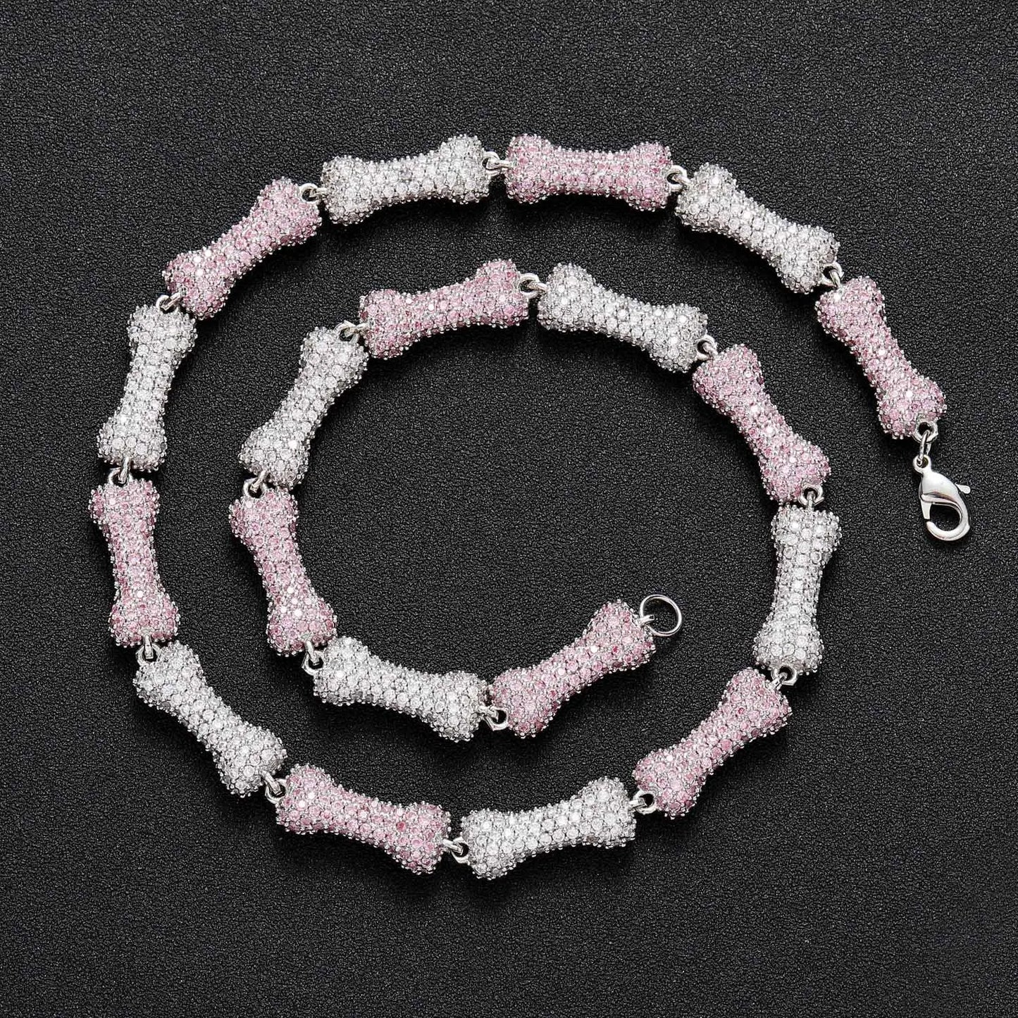 2025 Men's Hip Hop Bone Jewelry Necklace 10mm Cuban Chain with Micro Pave Pink CZ Stone Fashionable Sweater Choker